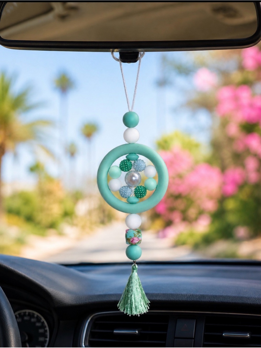 Handmade Agua and White Beaded Car Charm - Picture 2 of 2